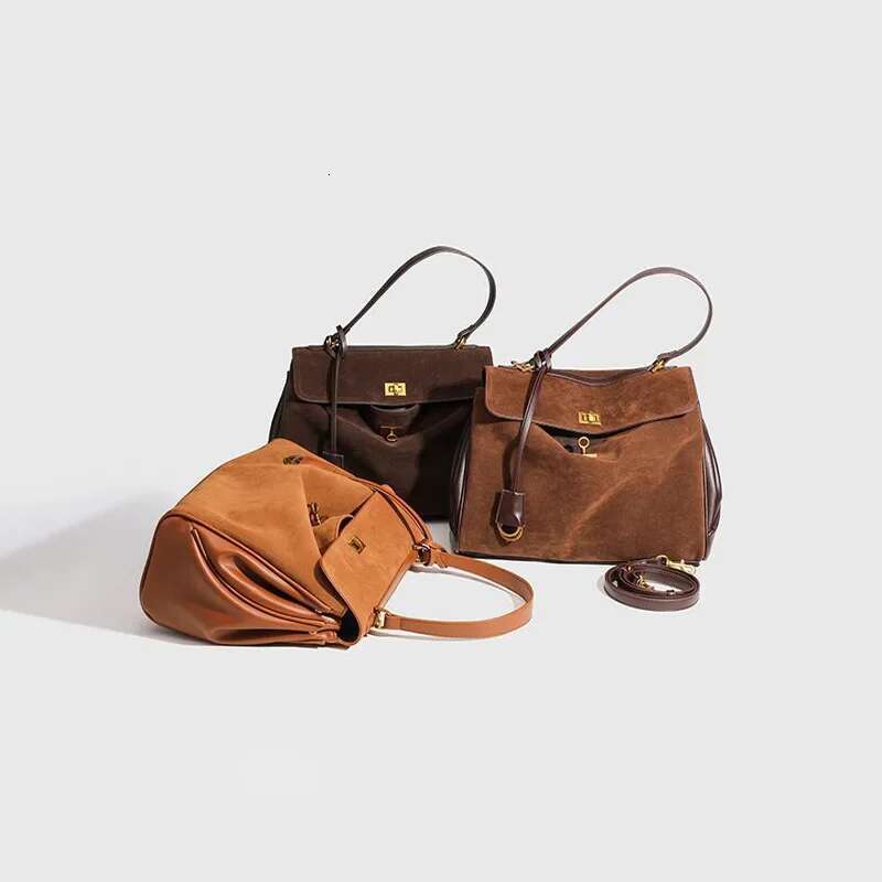 Retro Suede Crossbody Shoulder Bag,Brown Large Capacity Buckle Square Women Handbag,Autumn Winter Commuter Messenger Bags