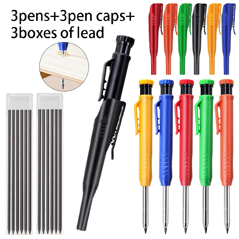 9pcsset 28mm Deep Hole Carpenter Pencil Set 3 Pens 3 Lead Refills 3 Caps Versatile for Writing Woodworking Marking 251103