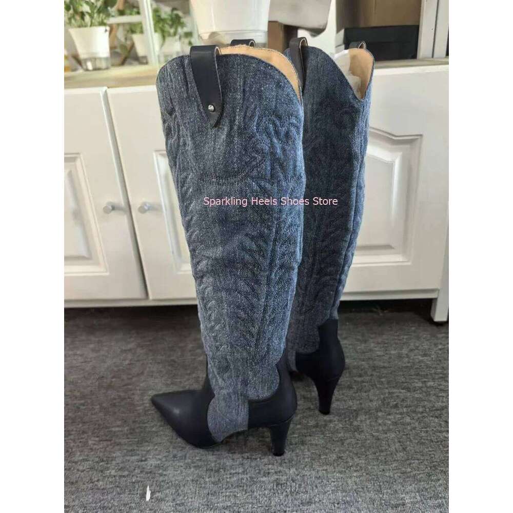 Fashion Woman Designer Knee High Pointed Toe Slip On Thin Heel Female Breathable Velvet Black Blue Brown Long Boots Shoes