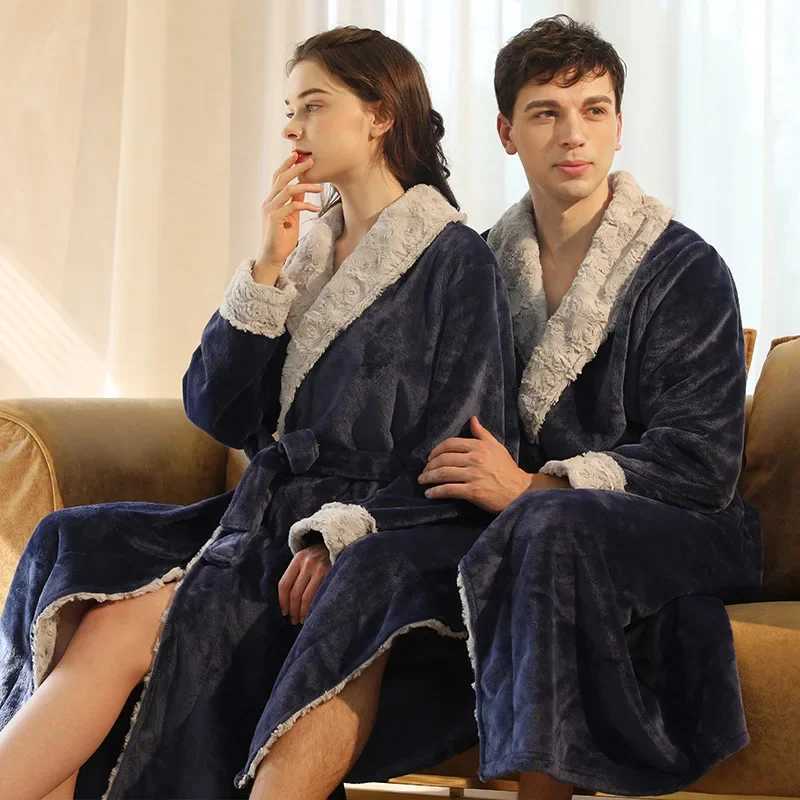 Coral Fleece Mens Long Robe Thicken Flannel Lounge Wear Couple Sleepwear Home Clothes Winter Loose Casual Bathrobe Nightwear C251104