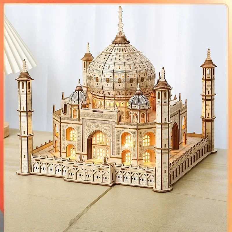 3D Wooden Puzzle House Royal Castle Taj Mahal With Light Assembly Toy For Kids Adult DIY Model Kits Desk Decoration for Gifts C251104