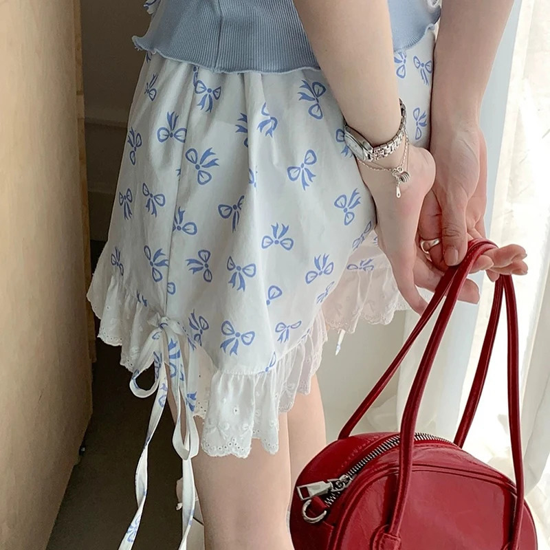 Womens Blue Summer Sweet Fashion Bandage Printed Bow Pants Sexy Club Casual Ultra Thin Party Edition Knitted Shorts 250401
