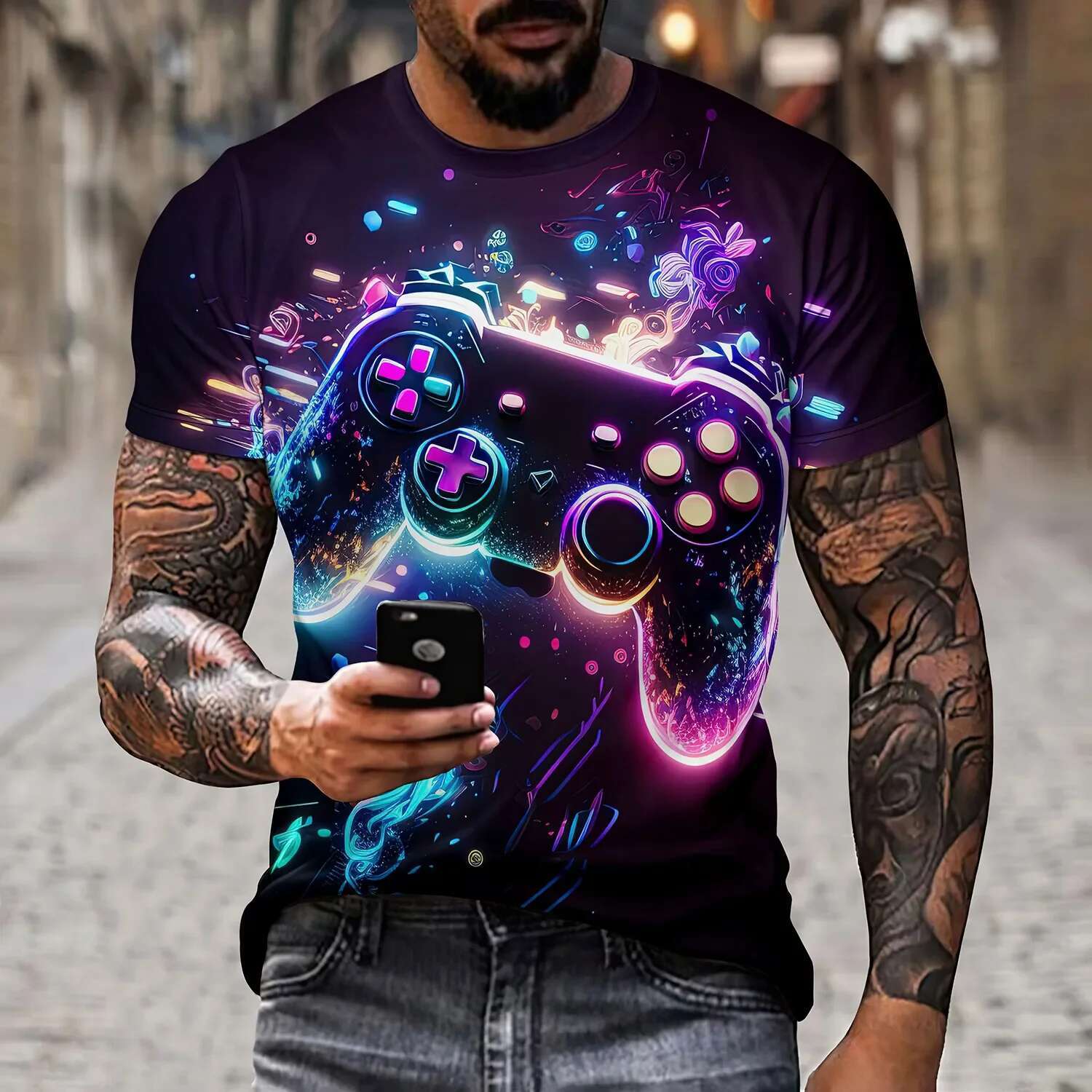 Men's artistic color entertainment game controller pattern e splicing T-shirt 3D printed casual short sleeved fashionable top