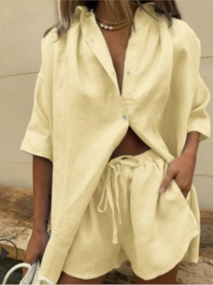 Summer Fashion Leisure Pure Cotton Solid Color Set Womens Short Sleeve Loose Shirt Wide Leg Shorts Two Piece Set Womens Set 250328
