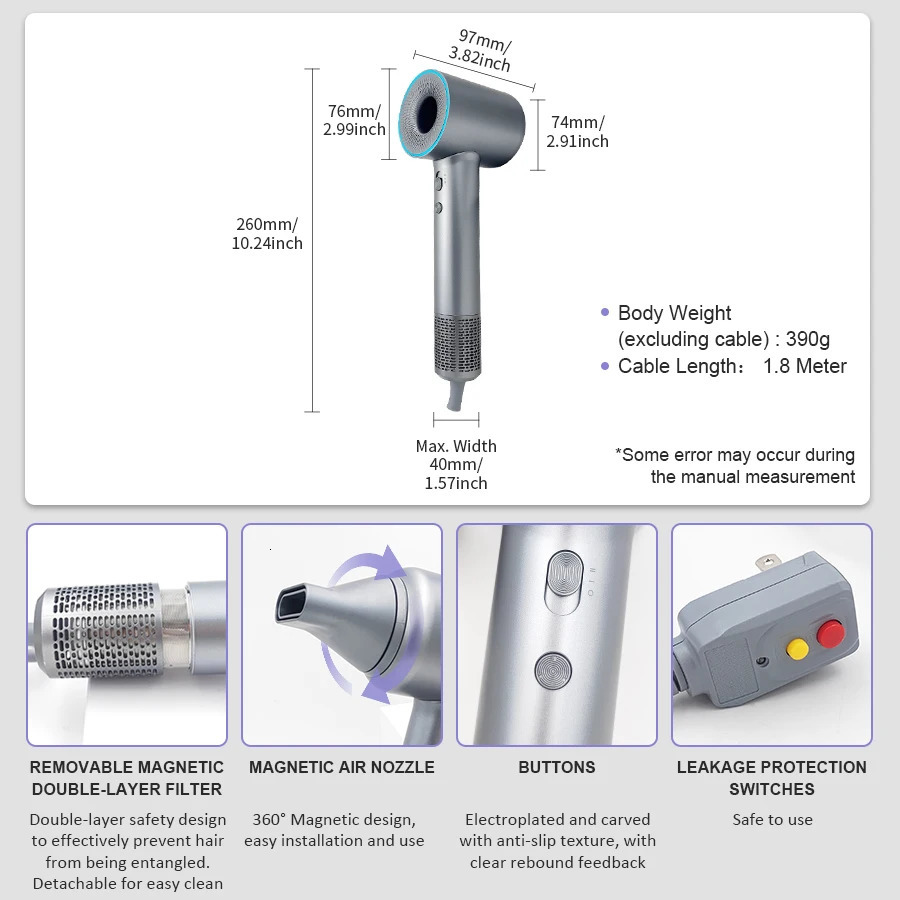 High speed hair dryer 110000RPM 400000000 negative ion professional home travel nozzle 250325