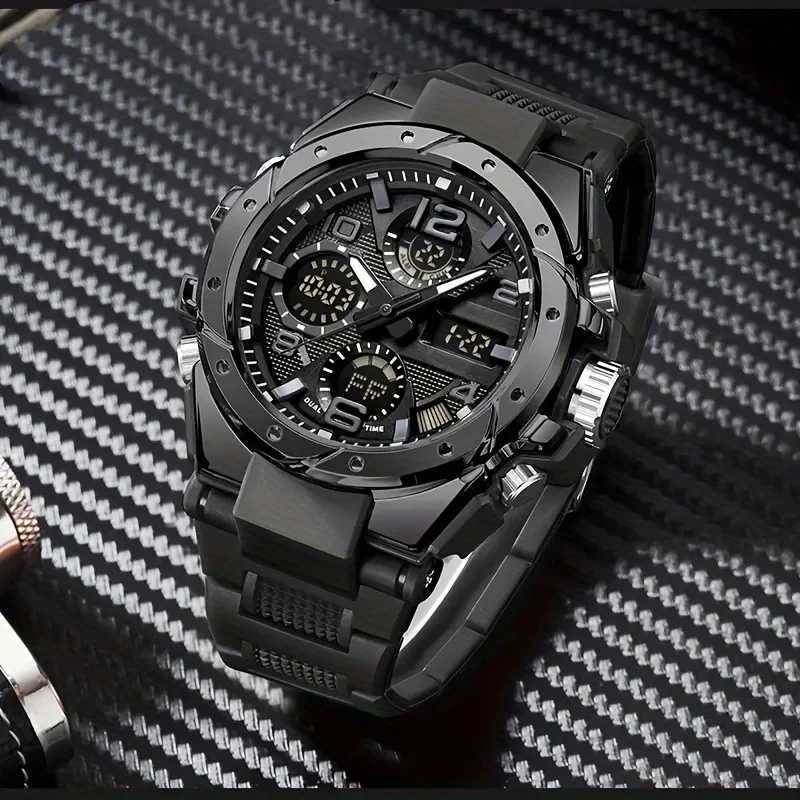 Rugged Dual Display Mens Sports Watch - Automatic Quartz Digital Black Alloy Case TPU Strap Chronograph Alarm MultifuncT251104