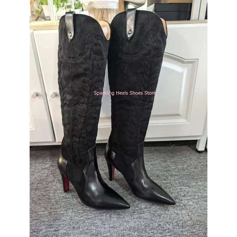 Fashion Woman Designer Knee High Pointed Toe Slip On Thin Heel Female Breathable Velvet Black Blue Brown Long Boots Shoes