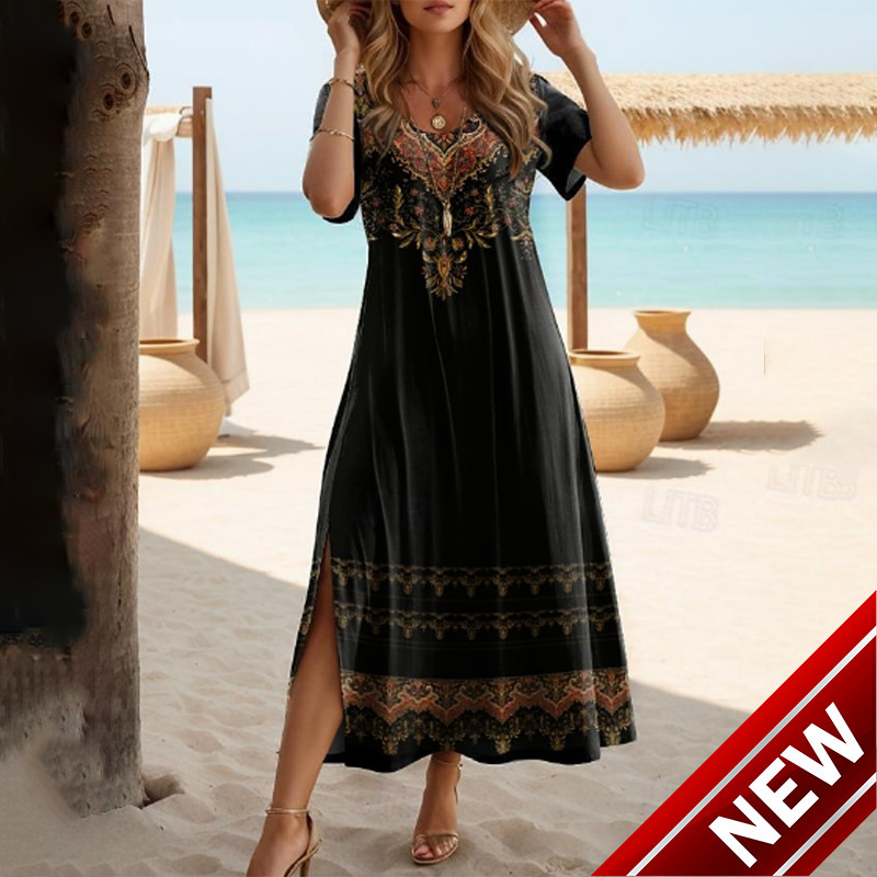 2025 Summer TEMU New Dress Loose Breathable Positioning Flower Large Swing Split Mid length Skirt