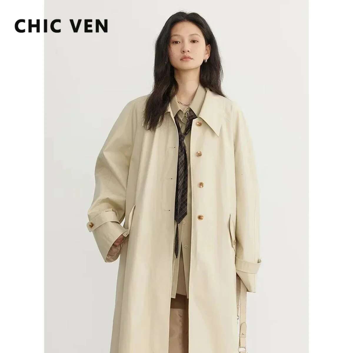 CHIC VEN Women's Long Trench Coat Casual Outerwear Loose Ladies Overcoat Single Breasted Female Windbreaker Spring Autumn 2023