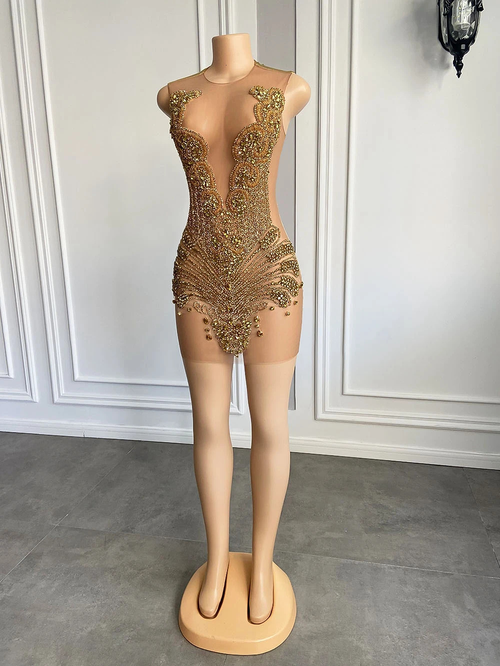 Sexy Sheer See Through Black Girl Short Ball Dress Gold Diamond Beaded Crystal Womens Cocktail Party 250403