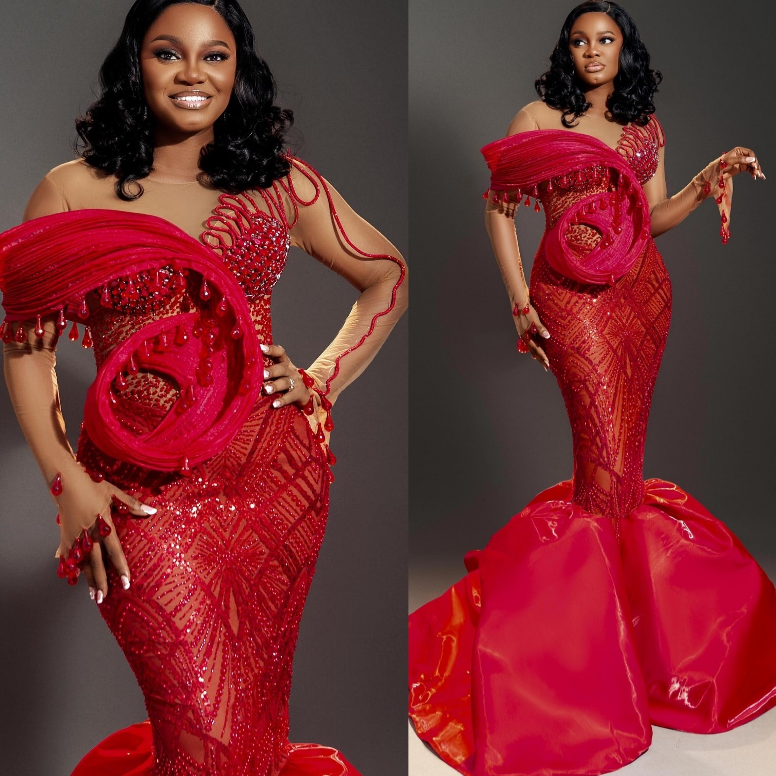 Red Mermaid Prom Dresses 2026 Rhinestones Beaded Sequined Sheer Neck Evening Formal Party Second Birthday Engagement Gowns Plus Size Dress For Special