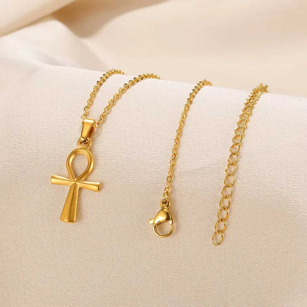 Stainless Steel Cross Pendant Necklace For Women Men Gold Color Ancient Egypt Ankh Cross Charm Choker Jewelry Hip Hop GiftXJ251104