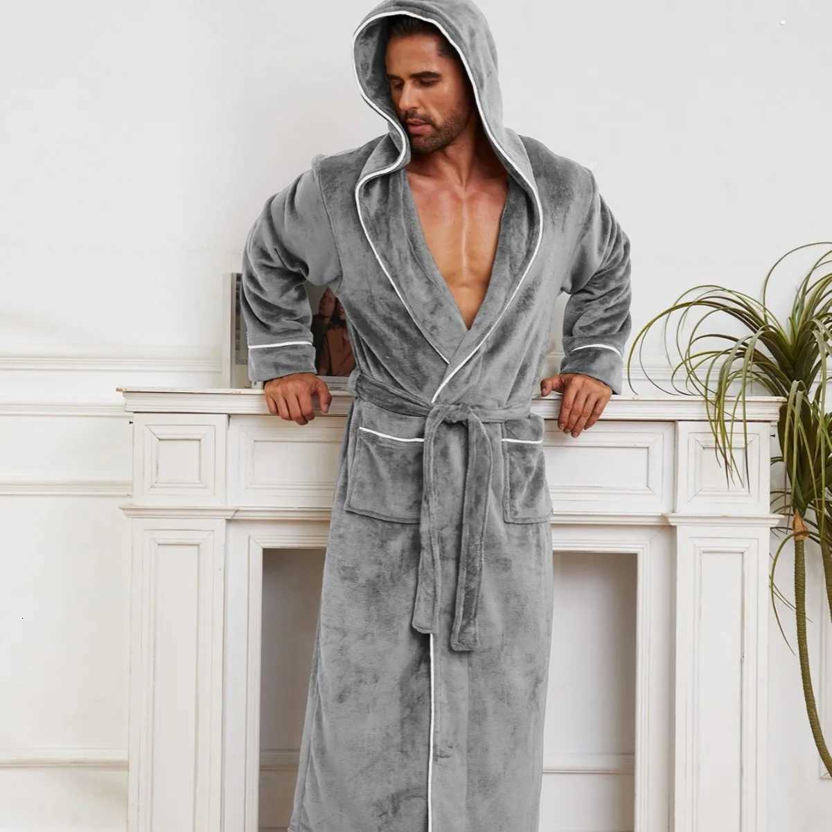Men Large Size Flannel Long Robe Autumn Winter Couple Sleepwear Kimono Bathrobe Gown Nightgown Loose Coral Fleece Homewear C251104