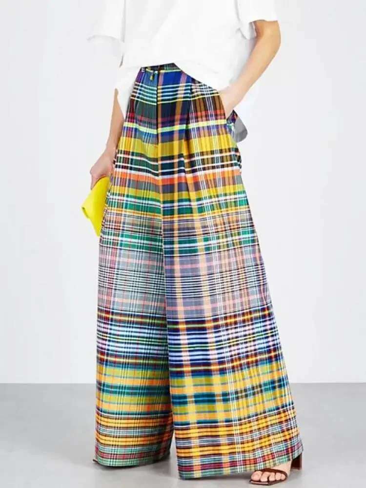 Missuoo 2024 New Female Vintage Multi-Colored Plaid Spring And Summer Loose Casual Or-Length Wide Leg Pants For Women