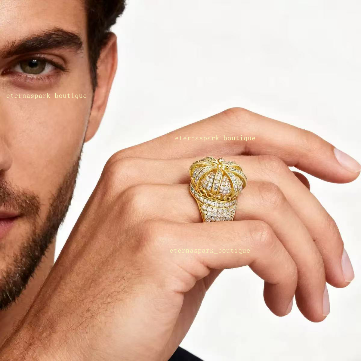 Diamond-encrusted hip-hop men VVS 925 sterling silver round moissanite Women engagement ring crown design