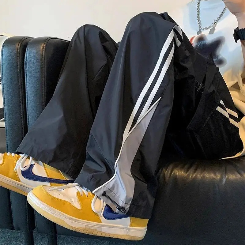 American college style striped casual pants mens spring trend loose high street retro straight wide leg sports pants 250402