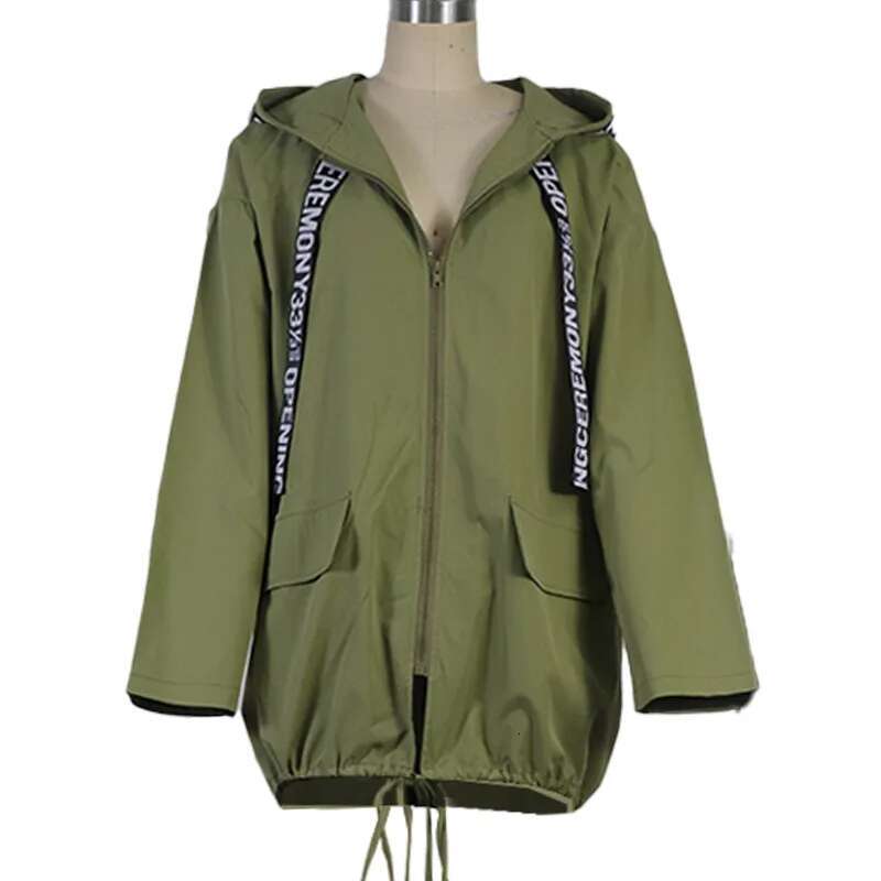 BAMBOOBOY Letter Print Green Trench Spring Autumn Women Coat Loose Zipper Hooded Long Sleeve Overcoat Windbreaker