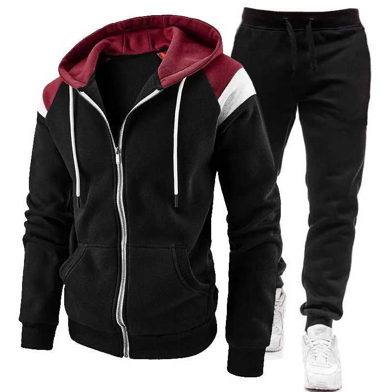 New autumn and winter velvet mens color blocked zipper hooded sweatshirt sweatpants casual sports suit J251104