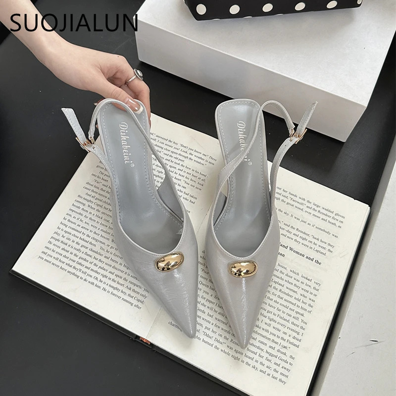 SUOJIALUN Summer Women Sandal Shoes Fashion Pointed Toe Shallow Slip On Ladies Elegant Slingback Shoes Pumps 251030