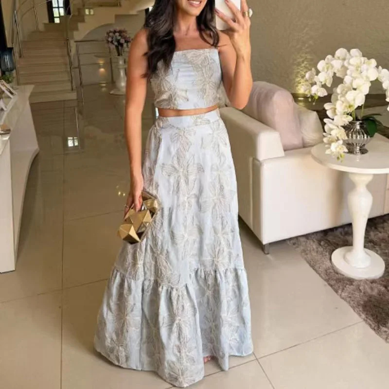 Casual Bohemian Holiday Outfit 2025 Summer Sling Top with Long Skirt Two Piece Sets Fashion Flower Print Hollow Slim Women Suit 250403