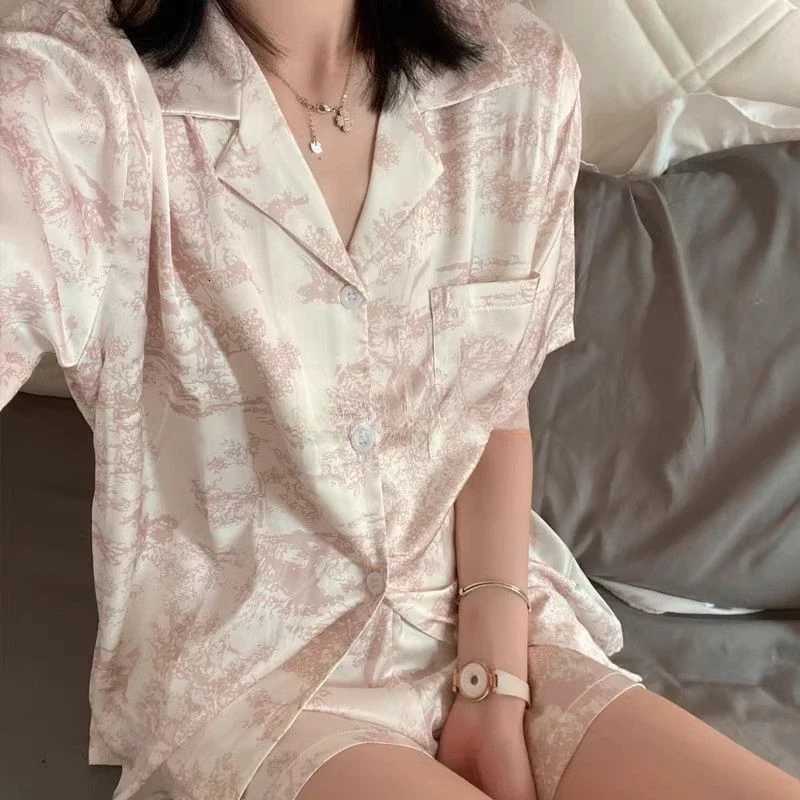 Designer Womens 2pcs Cute Print Short Sleeve Button Top and Shorts Pink Sleepwear Soft Comfy Homewear Casual Loungewear Pajama Set Y251104