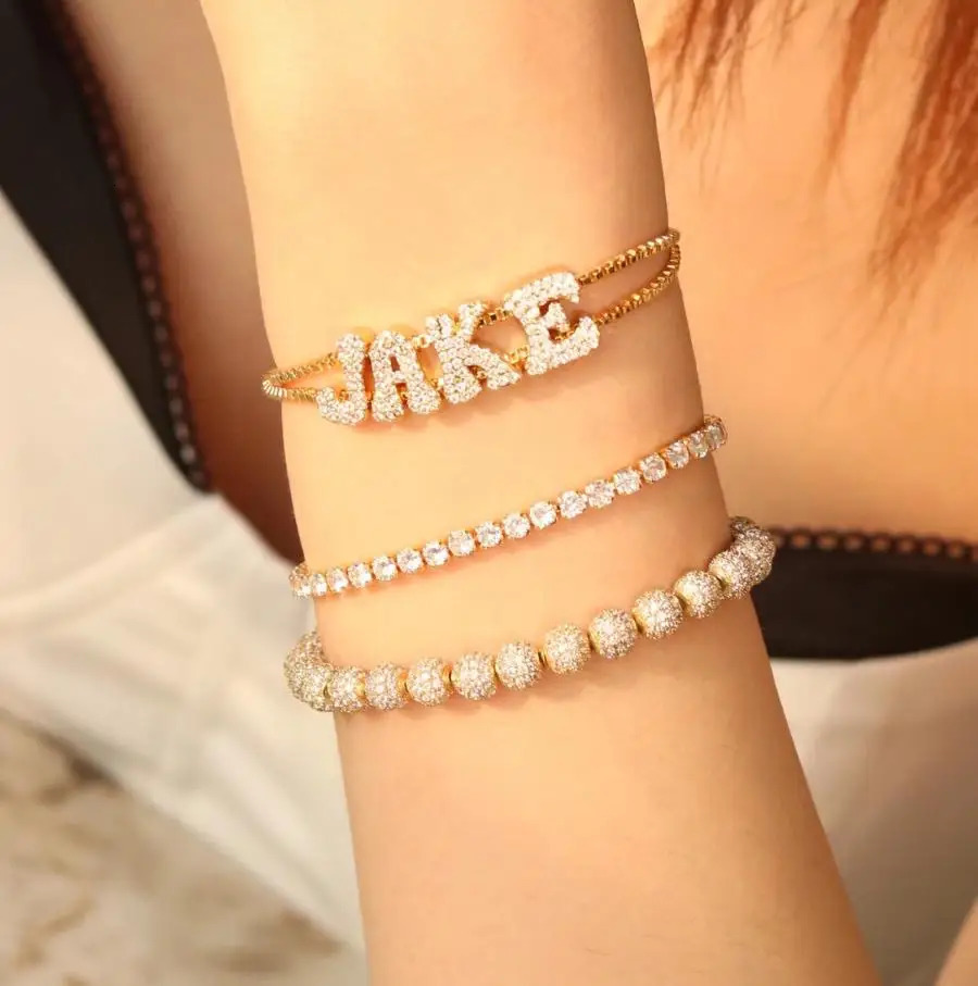 DOREMI Gold Inlaid Zircon Brass Letter Name Womens Bracelet Bubble Letters Crystal Name Bracelets DIY Slide Bead Name Bracelet 250327