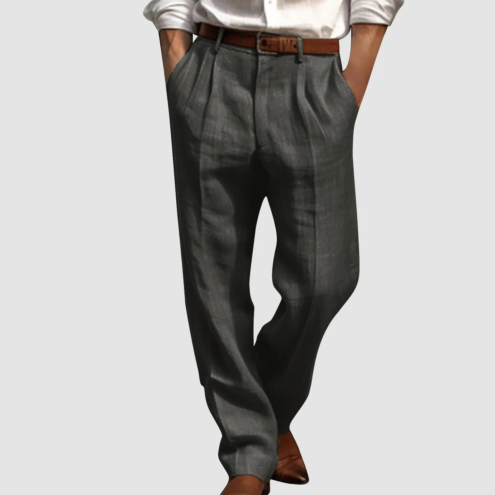 Cotton Linen Pants For Men Pleated Front Trouser Straight Leg Suit Trousers Solid Color Office Comfortable Slip Trousers 250402
