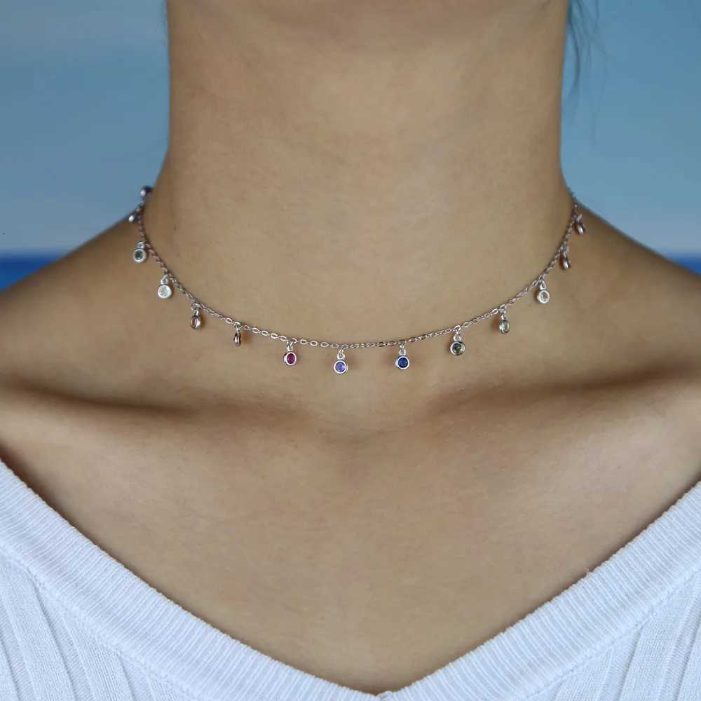 Rainbow Cz Simple Cz Charm Delicate Women Girls Jewelry 925 Sterling Silver Statement Fine Silver Charm Choker Necklaces ClassicXJ251104