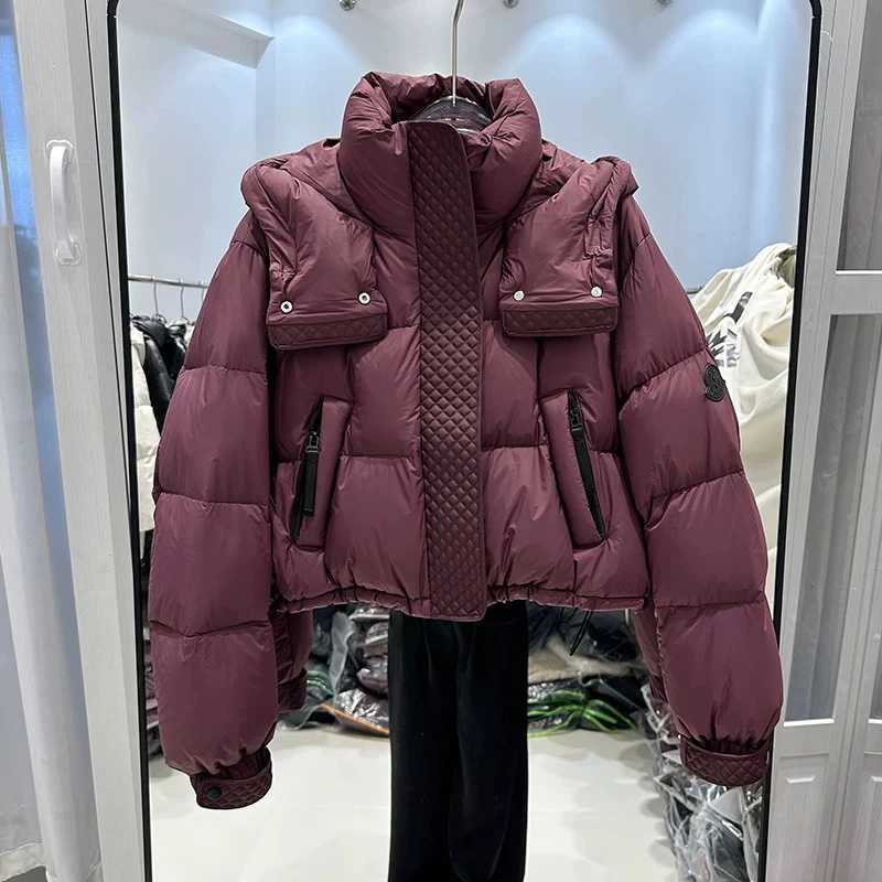 Winter Short Hooded Solid Down Jacket Female Zipper Pocket Fluffy Quilted Jacket Women White Duck Down Loose Puff Parker Outwear J251104