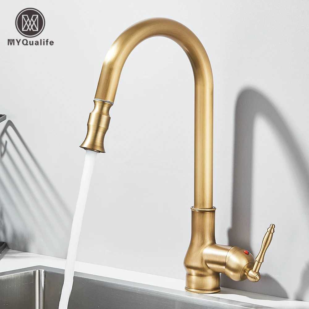Antique Brass Kitchen Sink Faucet Pl Down Swivel Spout Kitchen Deck Mounted Bathro Hot and Cold Water Mixers Tap Y251104