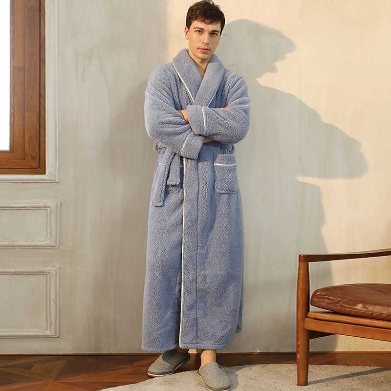 SHiONFA Mens Long Sleeve Soft Robe Thick Cotton Velvet Nightgown Warm Extended Sleepwear for Autumn Winter C251104