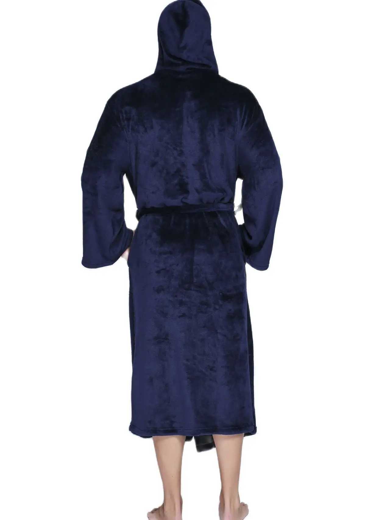 Mens Autumn Winter Warm Plus Size Hooded Long Flannel Fleece Bathrobe Male Black Jacquard Sexy Cozy Robes Night Sleepwear Gown C251104