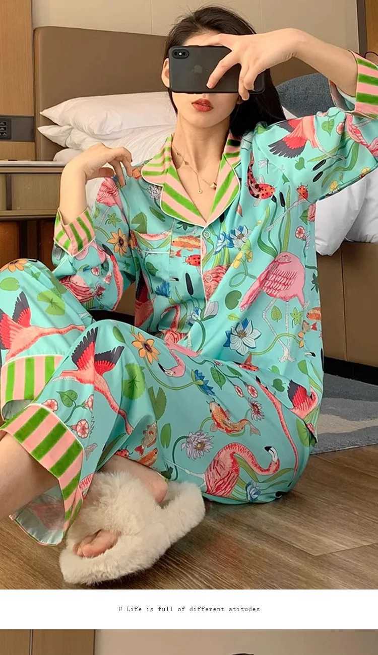 Designer Womens Pajamas Sets Spring Autumn 2 Piece Animal Print Pyjama Faux Silk Satin Sleepwear Long Sleeve Pijama Mujer Pjs Homewear Y251104