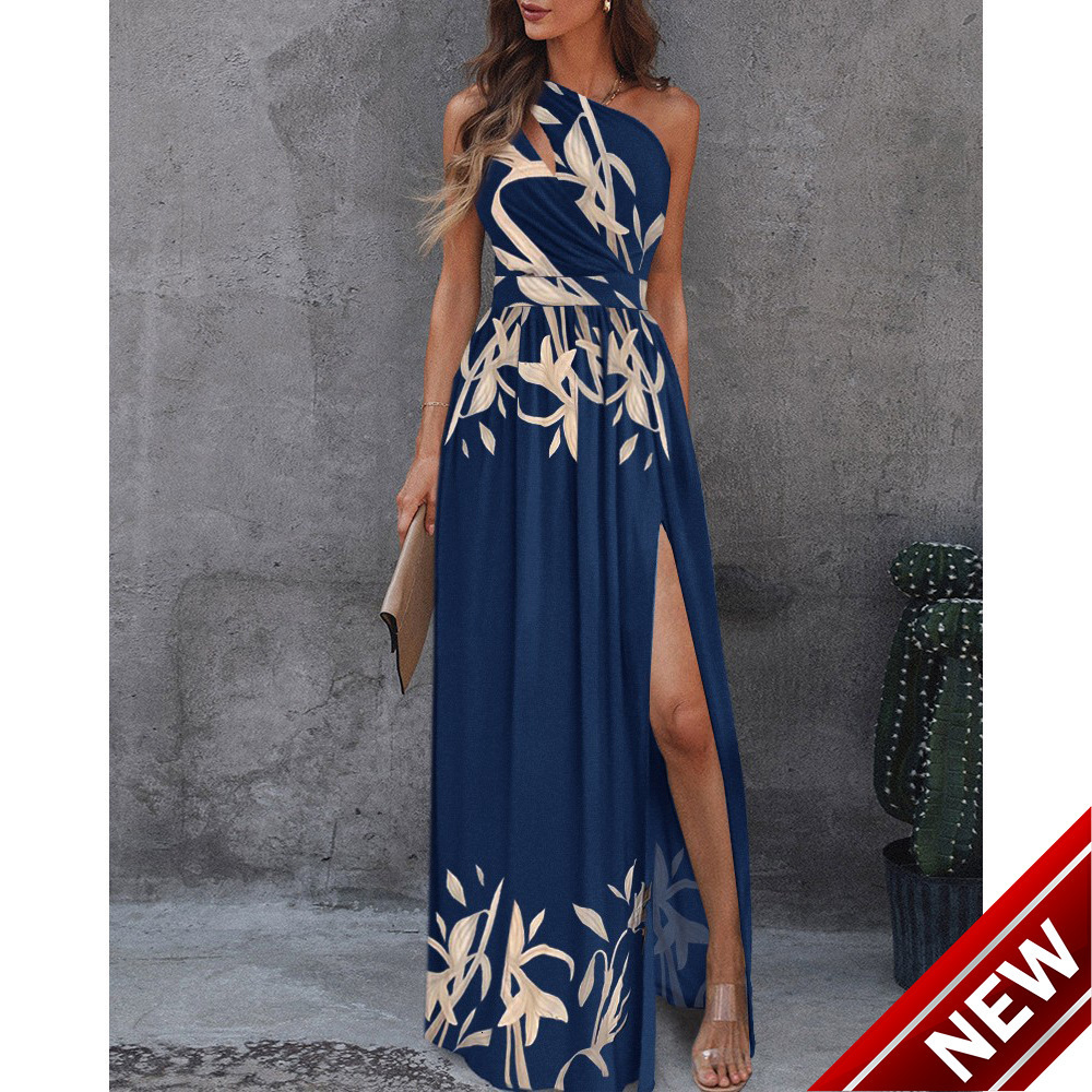 2025 New Fashionable Sexy One Shoulder Hollow Hanging Neck High Waist Split Extra Long Dress for Women