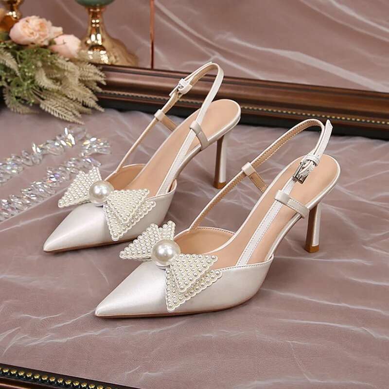 French Wedding Women 2025 New White Bridesmaid Shoes Bow High Heels Elegance Sandals