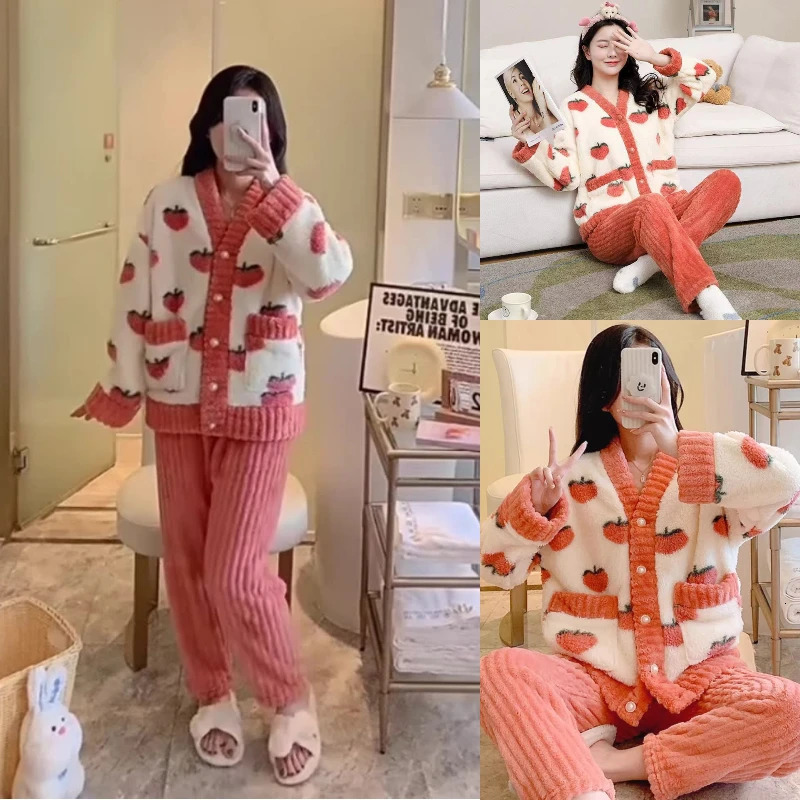 2-piece/set pregnant womens winter thick warm flannel pajamas long sleeved peach terrace soft home care 250402