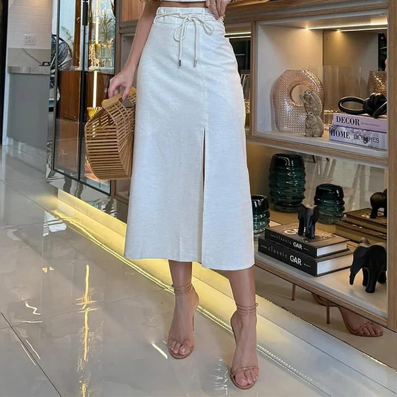 Wefads Two Piece Set Summer Elegant Hollow Out Irregular Solid Sleeveless High Waist Top A Line Slit Midi Skirts Sets Streetwear 250403