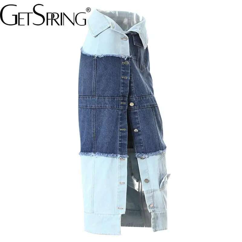 Getspring Women Jean Skirt 2024 Autumn Fashion High Waist Color Matching Single Breasted Split Irregular Blue Long Denim Skirts