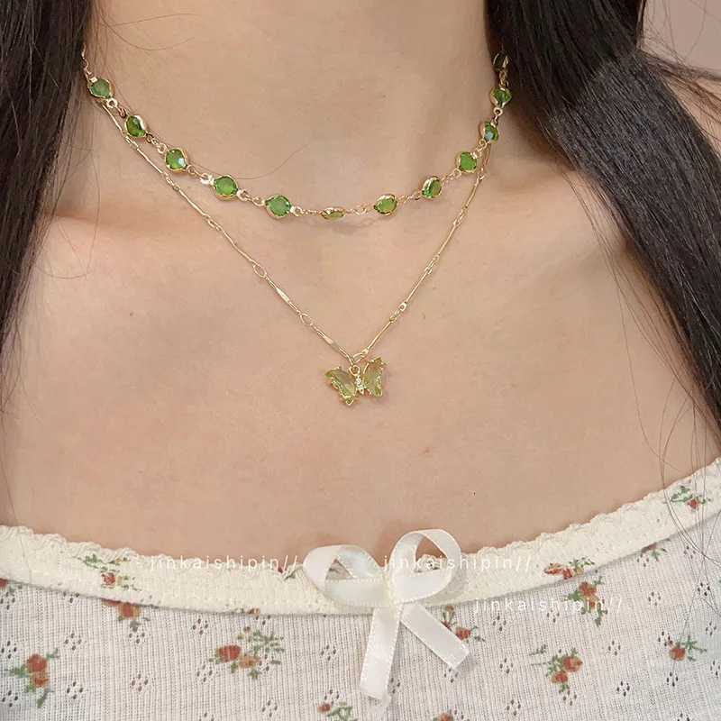 Korean Fashion Double layered Green Butterfly Necklace For Women Elegant Zircon Butterfly Pendant Choker Chain Girls JewelryXJ251104