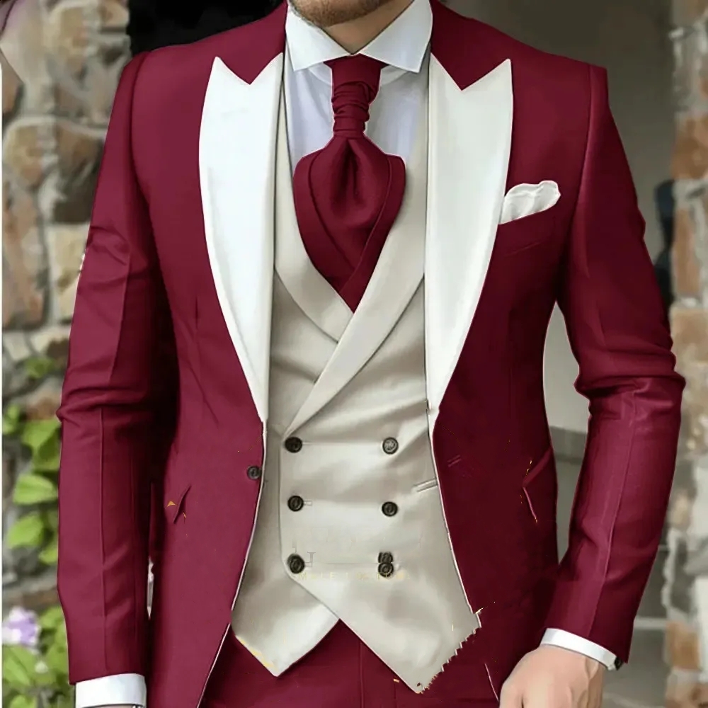 One Button Burgundy Wedding Tuxedos 3 Pieces Slim Fit Groom Wear Jacket Pants Vest Classic Men Prom Party Blazer Suit Custom Made