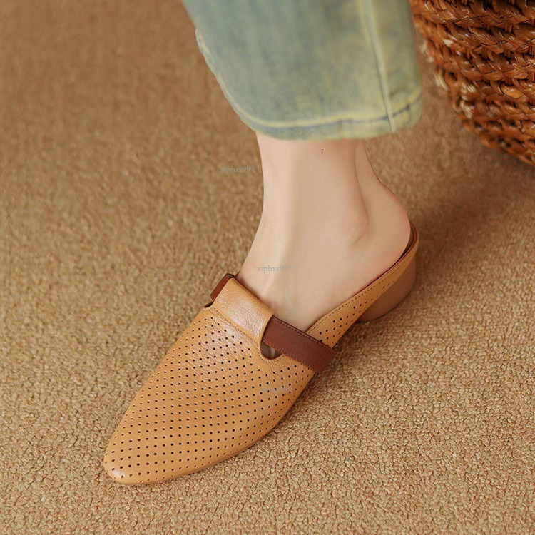 New Designer Sandals With Free Shipping French Breathable Hollow Half Women Summer Soft Leather Round Toe Cool Slippers For Lazy People, Low Heeled M 