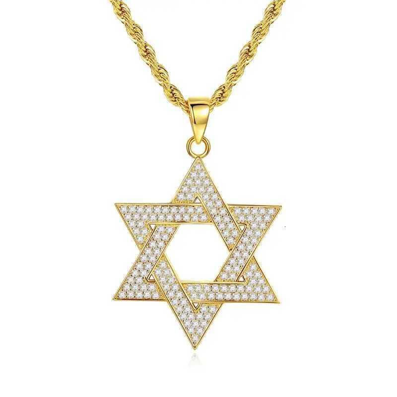 Hip Hop Men Gold Color Plated Jewelry Micro Pave Iced Out Cz Stone Star of David Pendant Hexagram Israel Judaism NecklacesXJ251104