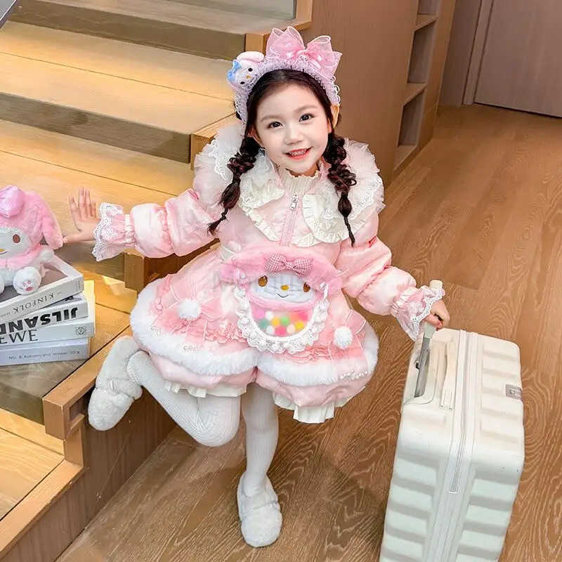 Sanrio My Melody Girls Lolita Down Jacket 2025 Winter New Children Cartoon Kawaii Warm Long Princess Style Thick Warm Coat Sweet Tops H251104