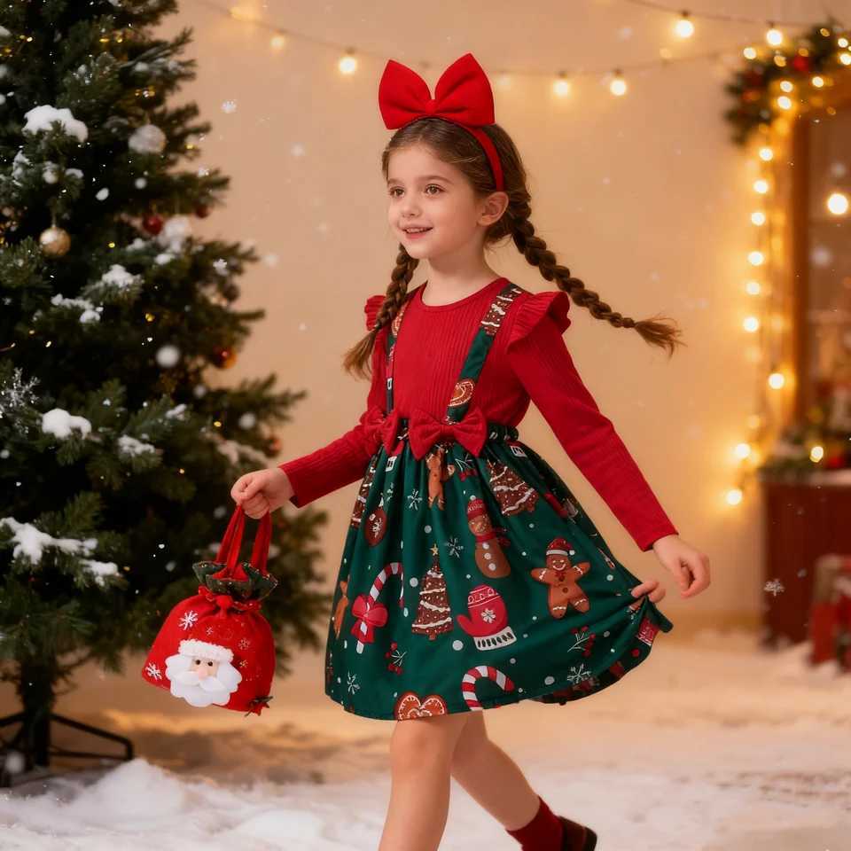 2026 New Year Dress For Baby Girls Autumn Long Sleeve Princess Dress Kids Red Patchwork Xmas Gift Deer Print Christmas Dresses C251104