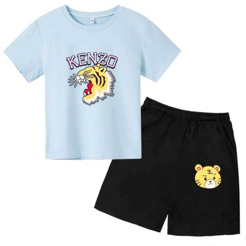 Summer T-shirt Childrens Set 3-14 Year Old Boys and Girls Casual Short sleeved T-shirt+Shorts Printed Tiger Clothing J250403