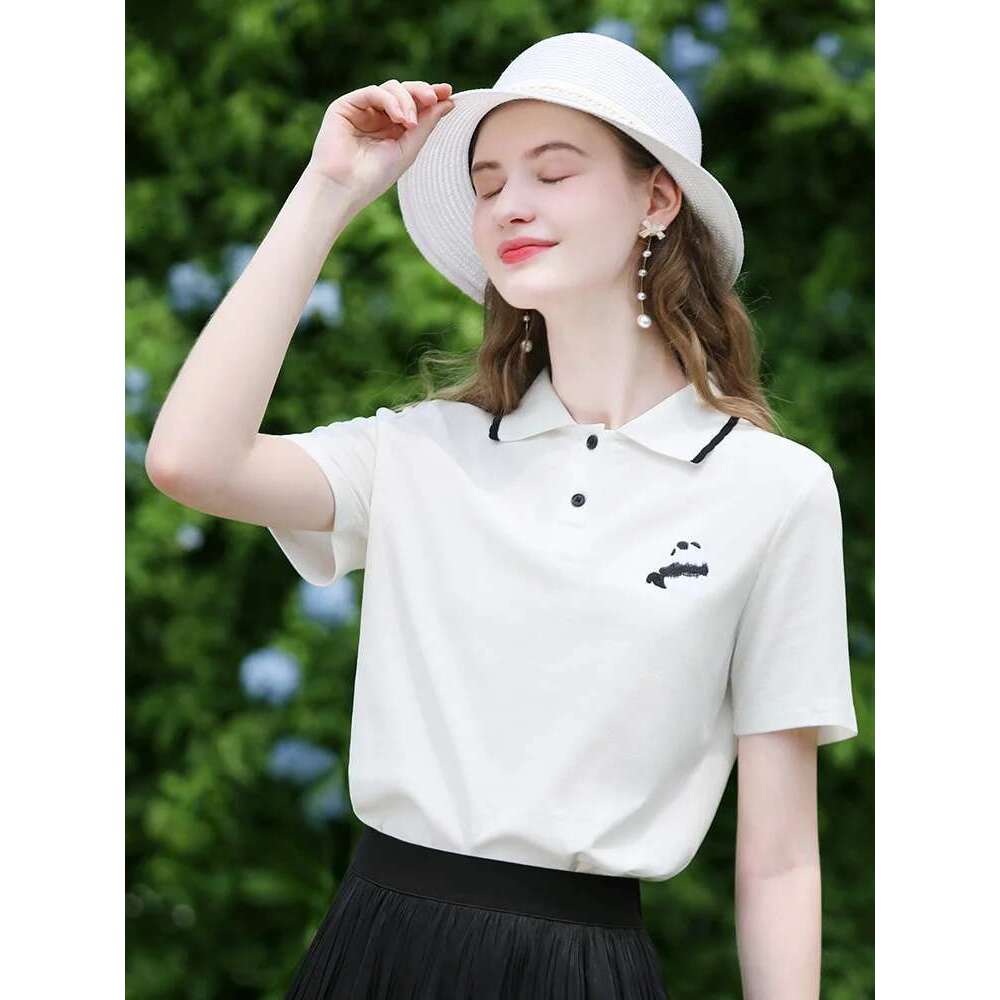 Breathable Sweat Women Tees Bead Ground Embroidery Polo Short Sleeve Summer New Slim T-Shirts Lady