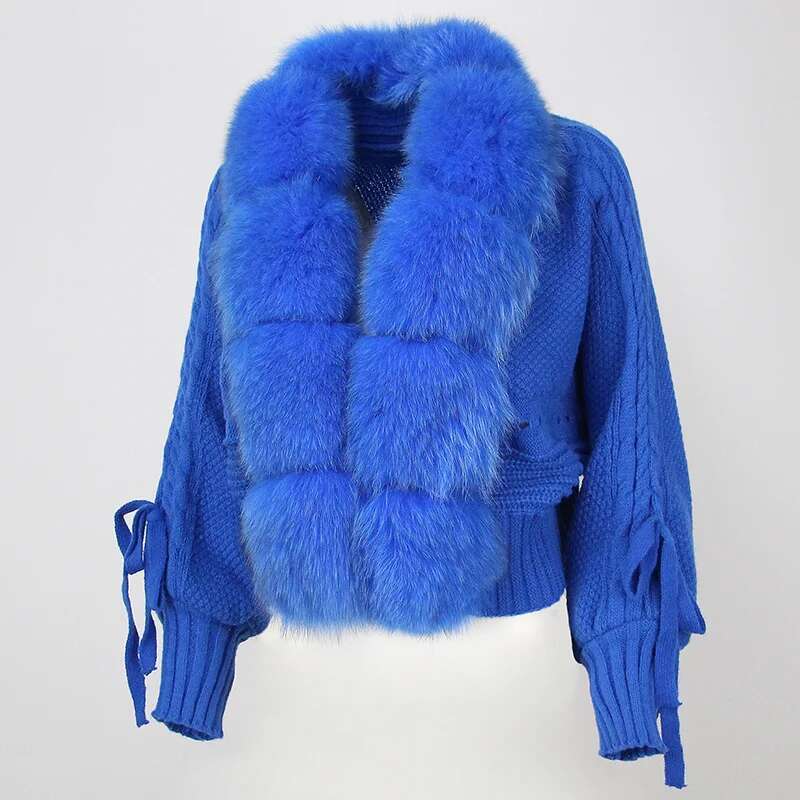 2023 Winter Women Casual Real Fox Collar New Fashion Short Warm Loose Knitted Jacket With Natural Fur Placket Coat