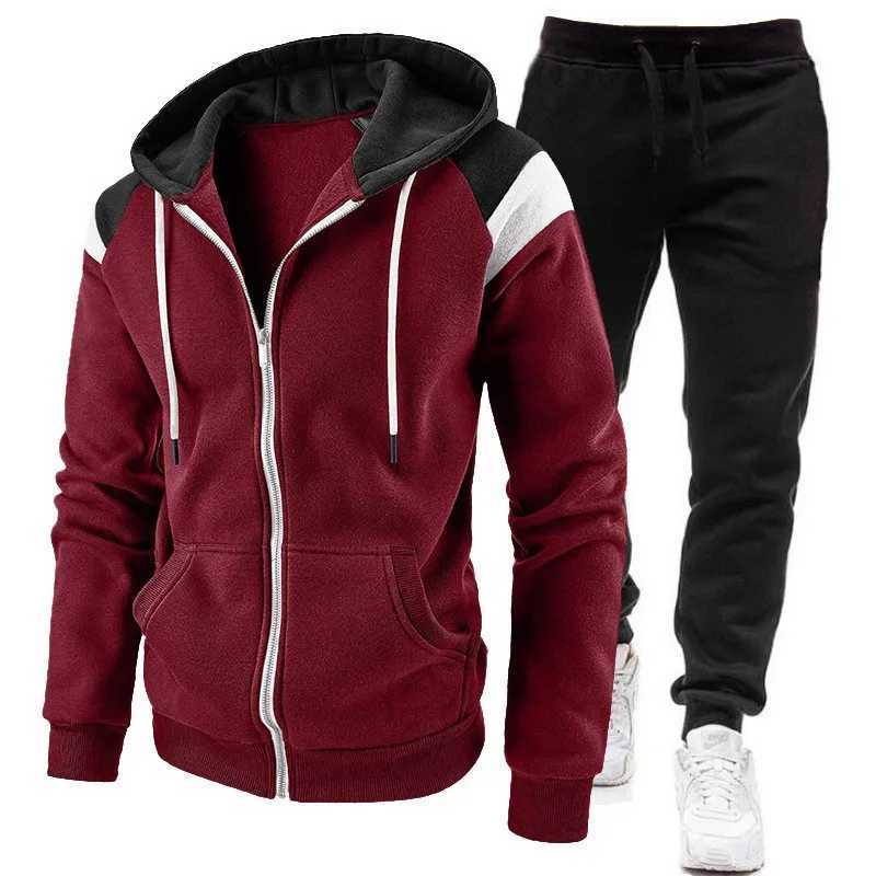 New autumn and winter velvet mens color blocked zipper hooded sweatshirt sweatpants casual sports suit J251104