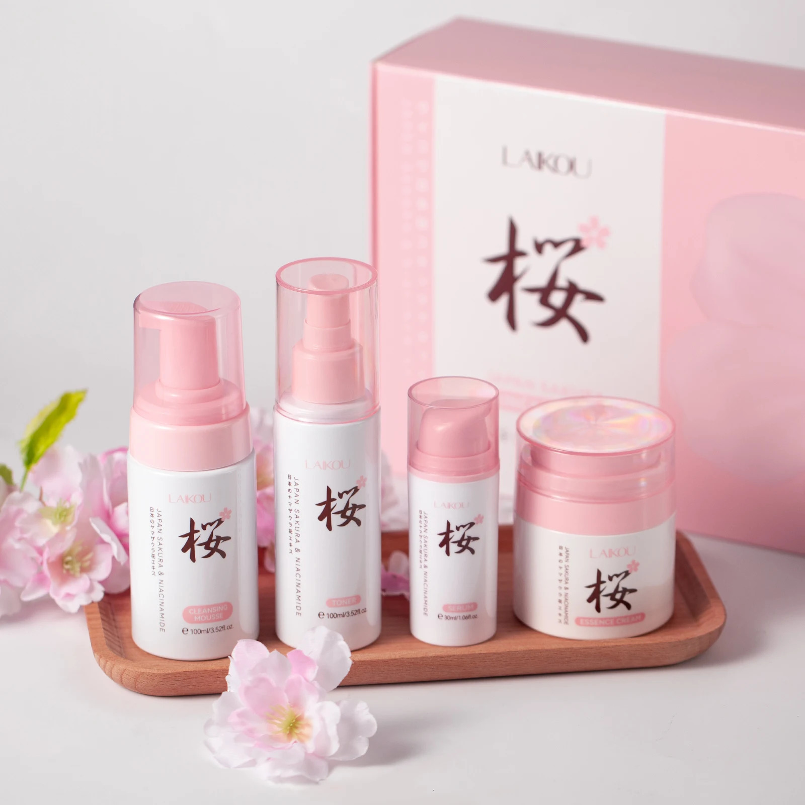 LAIKOU Japan Sakura Skincare Set 4PCS Aging Kit Smoothing Radiance Boosting Facial Kit Gift Set 251030