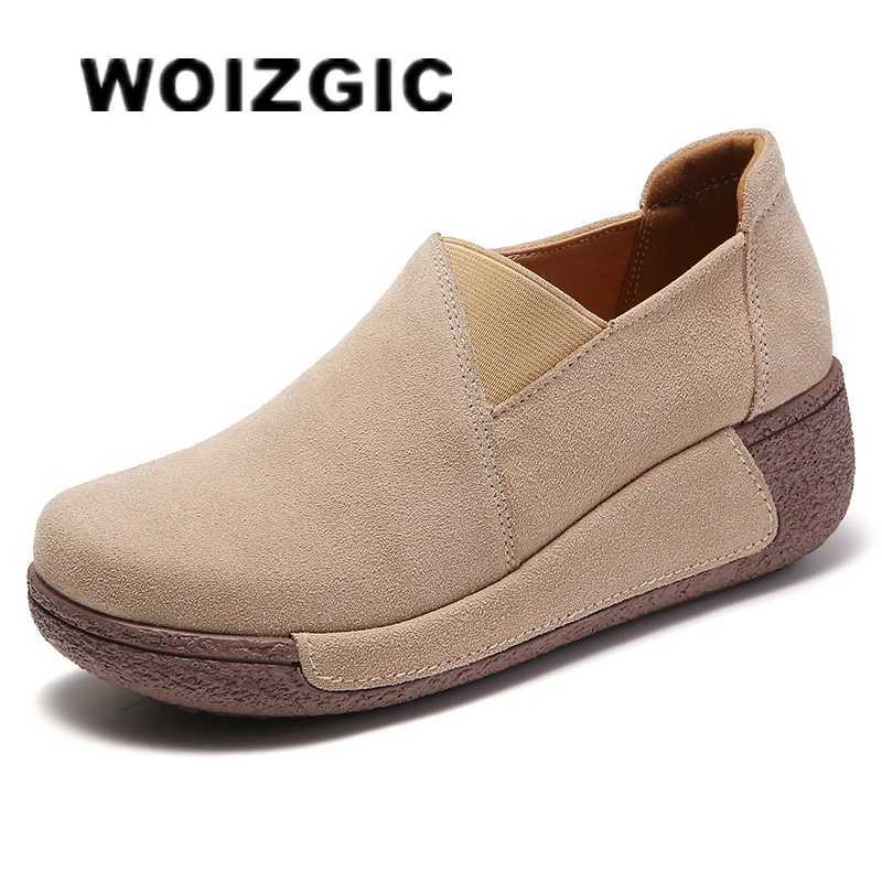 WOIZGIC Womens Genuine Leather Shoes Platform Flat Roller Coaster Slip on Korean Plus Size 41 42 Vulcanized Shoes Z250403